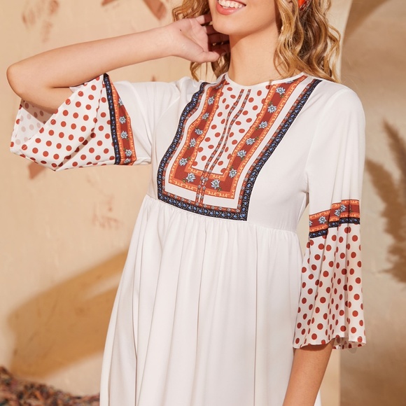 Boho Floral Print Dot White 3/4 sleeve maxi Dress - Picture 3 of 3